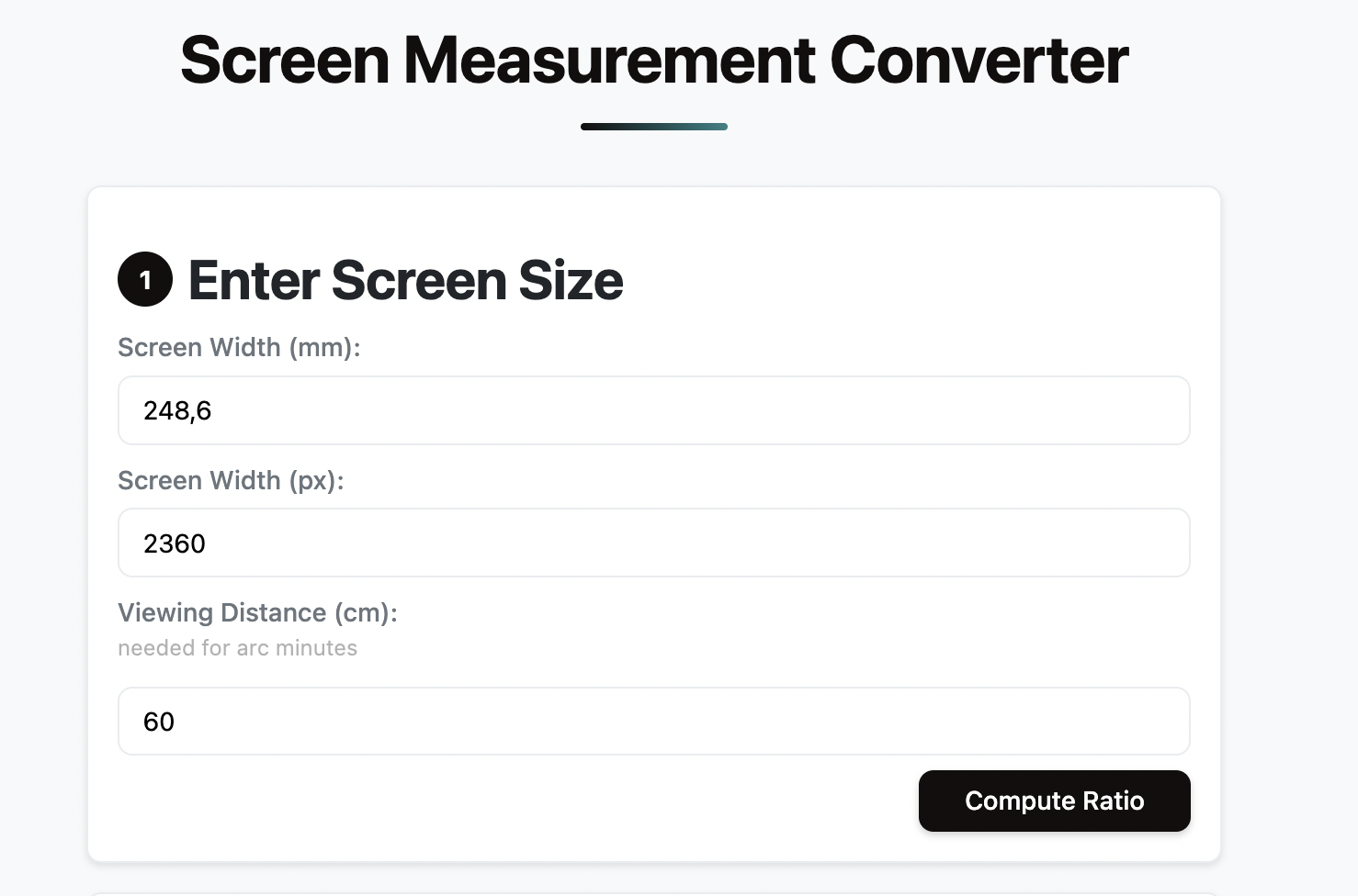 screenshot from the screen measurement converter